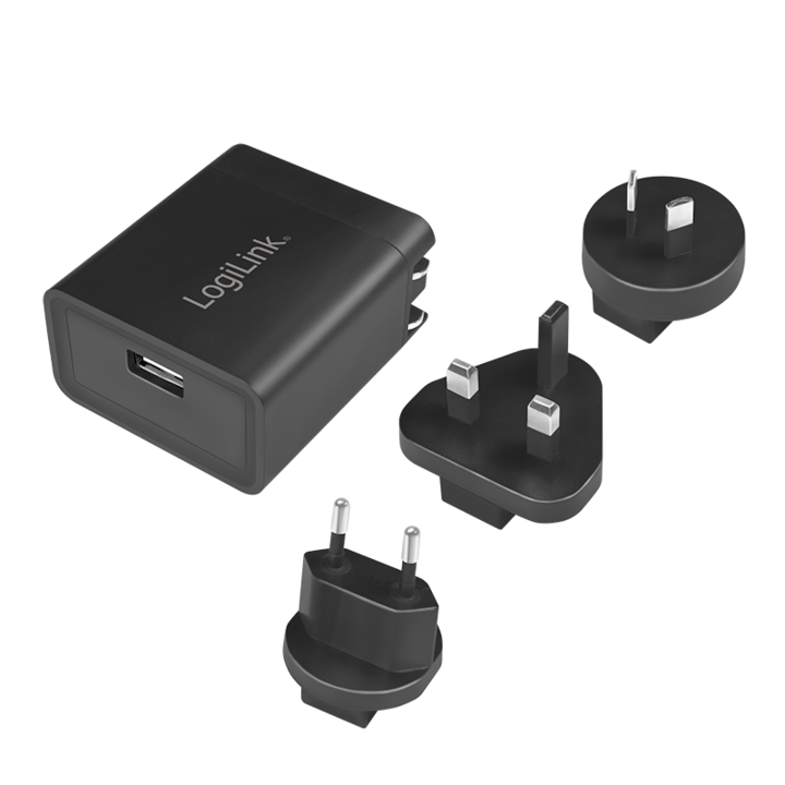 Адаптер за пътуване LogiLink PA0187, US-, AU-, UK- and EU-plug, USB 5V 2.1A 10.5W, Защита от свръхток/пренапрежение/късо съединение/прегряване, Черен