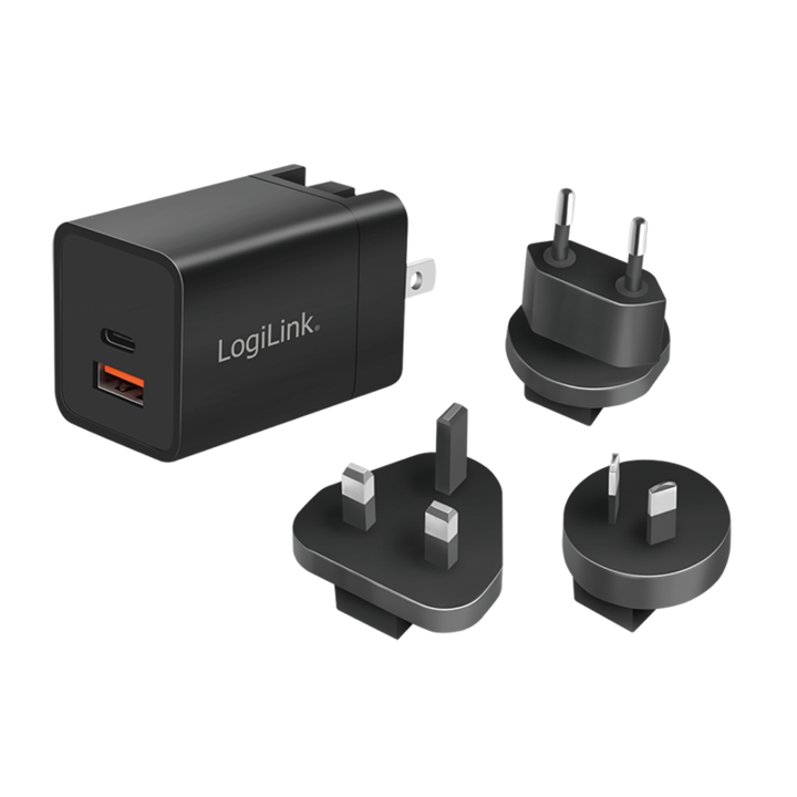 Адаптер за пътуване LogiLink PA0301, US-, AU-, UK- and EU-plug, 1x USB-A, 1XUSB-C, Бързо зареждане, PD 3.0, QC 3.0, 30 W, Защита от свръхток/пренапрежение/късо съединение/прегряване, Черен