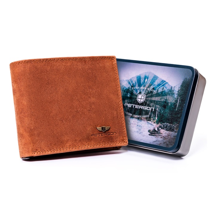 Мъжки портфейл, естествена кожа, коняк, Peterson, ptn N992-chm-m, 10 x 13 x 2,5 cm