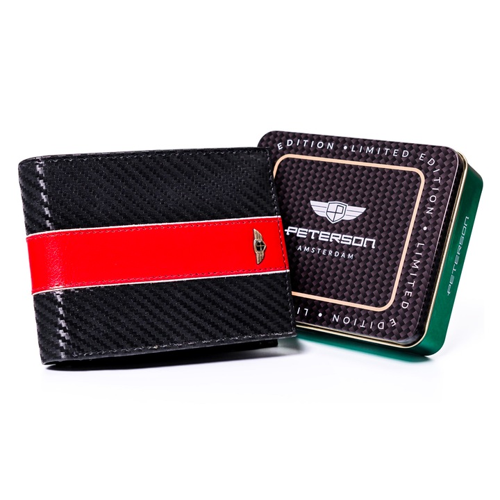 Portofel barbati, piele naturala, black-red, Peterson, ptn 304 moto3,9 x 12 x 2 cm