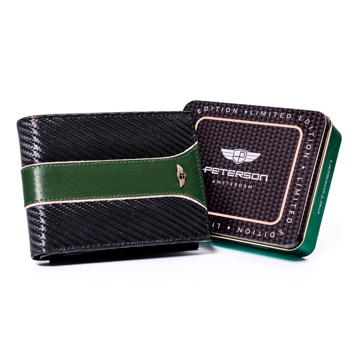 Мъжки портфейл, естествена кожа, черно-зелен, Peterson, ptn 304 moto2,9 x 12 x 2 cm