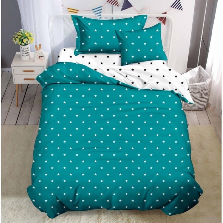 Спално бельо, Чаршаф с ластик, Finet, 1 лице, 140x200cm, Звезден принт, Бяло-Тюркоаз