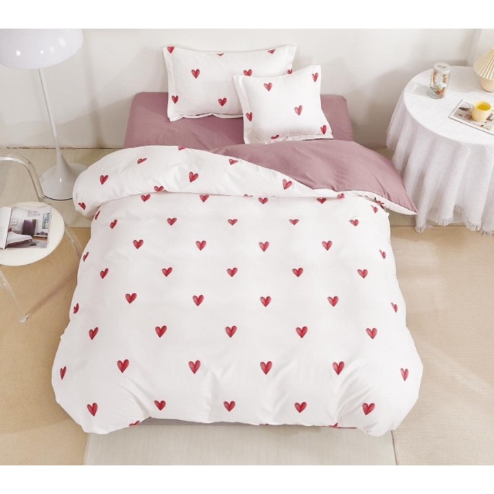 Спално бельо, двустранно, чаршаф с ластик, фин, 1 човек, 4 части, 140x200 см, червени сърца, многоцветен