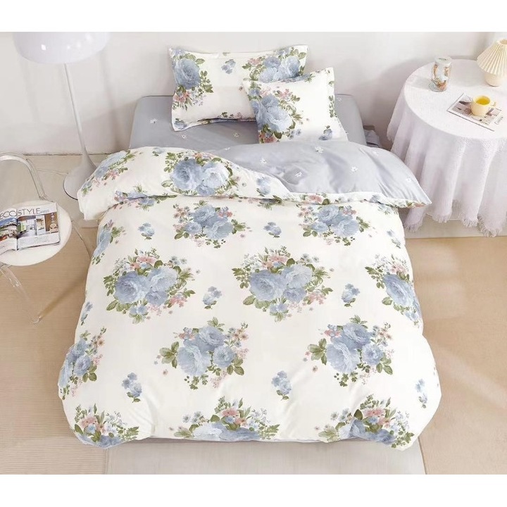 Спално бельо, двустранно, чаршаф с ластик, фин, 1 човек, 4 части, 140x200 см, флорални, многоцветни