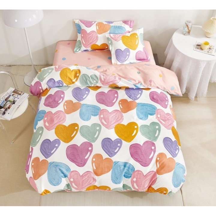 Спално бельо, двустранно, чаршаф с ластик, фин, 1 човек, 4 части, 140x200 см, многоцветни сърца