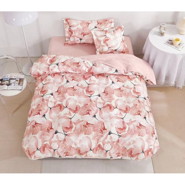 Спално бельо, двустранно, чаршаф с ластик, фин, 1 човек, 4 части, 140x200 см, пастелни цветя