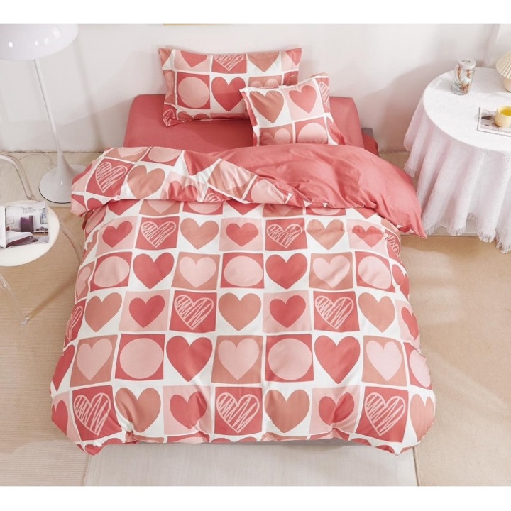 Спално бельо, двустранно, чаршаф с ластик, фин, 1 човек, 4 части, 140x200 см, сърца и кръгове, многоцветен