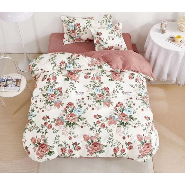 Спално бельо, двустранно, чаршаф с ластик, 1 човек, 4 части, 140x200 см, рози, многоцветен