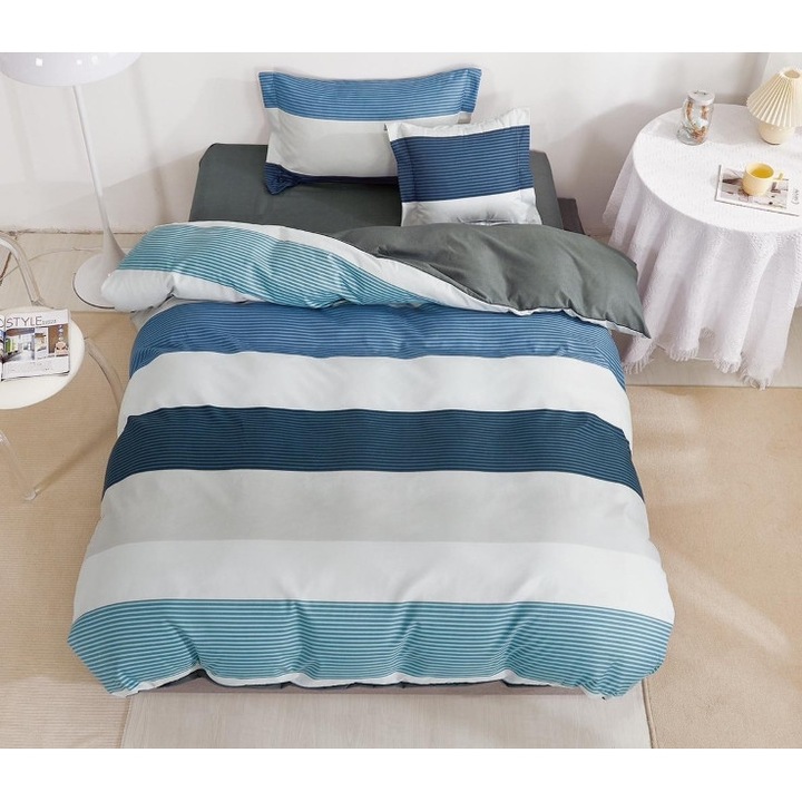 Спално бельо, двустранно, чаршаф с ластик, фин, 1 човек, 4 части, 140x200 см, многоцветни райета