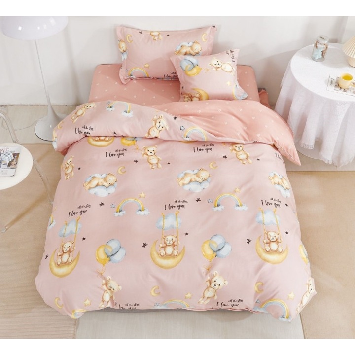 Спално бельо, двустранно, чаршаф с ластик, фин, 1 човек, 4 части, 140x200 см, плюс-момиче плюшени мечета