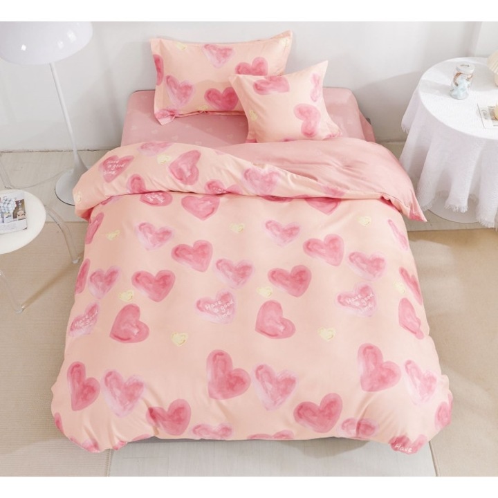 Спално бельо, двустранно, чаршаф с ластик, фин, 1 човек, 4 части, 140x200 см, розови сърца