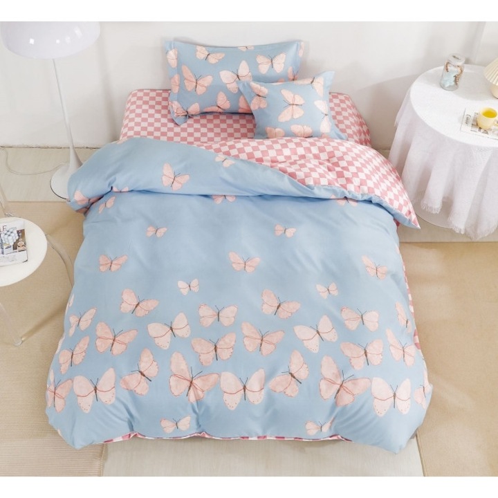 Спално бельо, двустранно, чаршаф с ластик, фин, 1 човек, 4 части, 140x200 см, пеперуди, многоцветен
