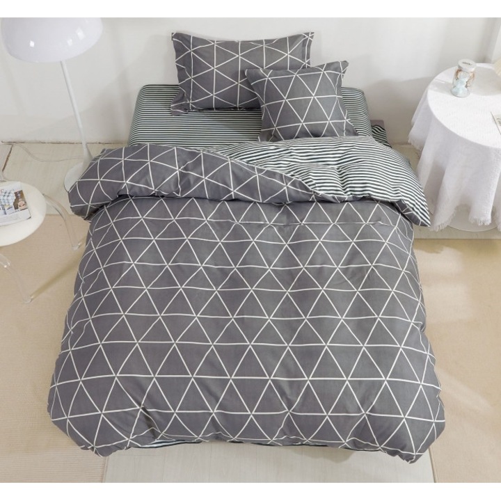 Спално бельо, двустранно, чаршаф с ластик, фин, 1 лице, 4 части, 140x200 см, триъгълници и райе, бяло-сиво