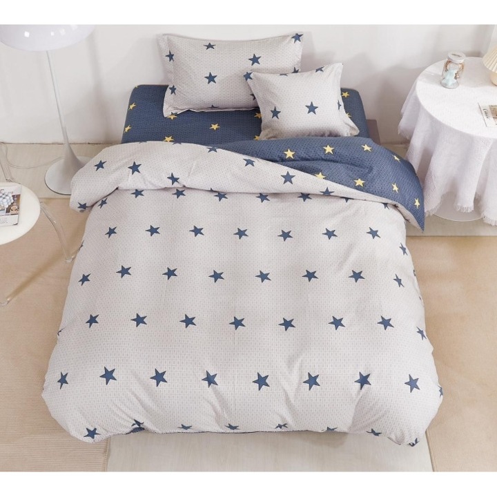 Спално бельо, двустранно, чаршаф с ластик, фин, 1 човек, 4 части, 140x200 см, тъмносини и жълти звезди