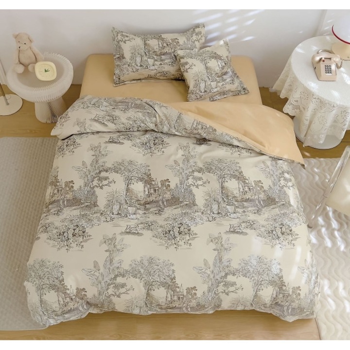 Спално бельо, двустранно, чаршаф с ластик, фин, 1 човек, 4 части, 140x200 см, бежово-Нюанте