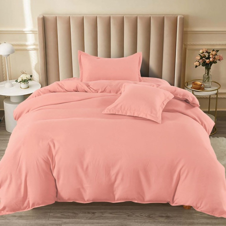 Спално бельо с ластик, фин памук, едноцветно, единично легло, 4 части, розово, 155x200 см