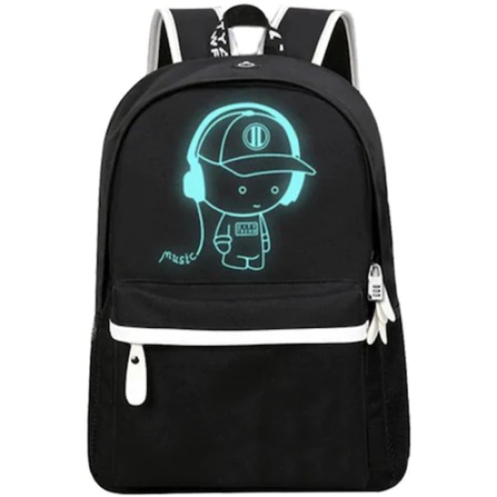 Ghiozdan smart pentru copii si adulti SAICHEN, pentru scoala si timp liber, design fosforescent, rezistent la apa, cu penar inclus, protectie antifurt, lacat cu cifru, Negru