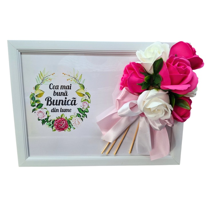 Tablou in rama A4 (30x21 cm) - Cea ma buna Bunica din lume, best grandma, decorat cu flori de sapun, panglica decorativa, roz si alb