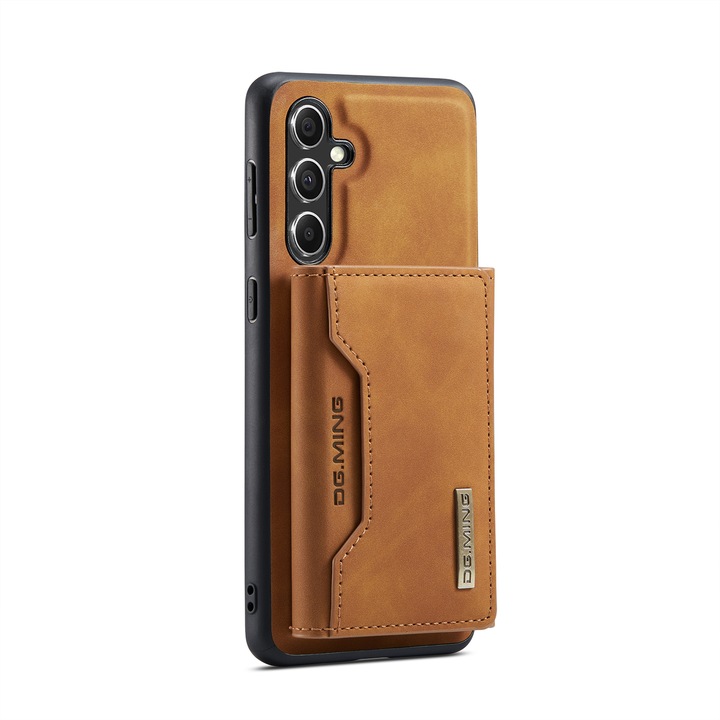 Husa pentru Samsung Galaxy S23 FE piele cu textura fina, back cover, portofel detasabil cu buzunare pentru bancnote si carduri, functie stand, CaseMe, Maro