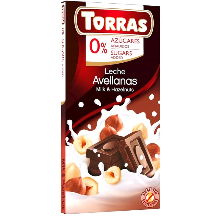 Csokoládé teljes tejjel és mogyoróval, 0% cukor, gluténmentes, 75g, Chocolates Torras