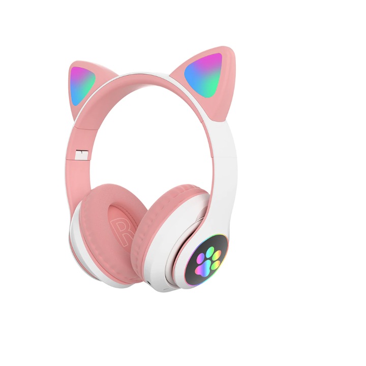 Безжични слушалки Stuffix, Котешки уши, Сгъваеми, Bluetooth 5.0, Розов/Бял