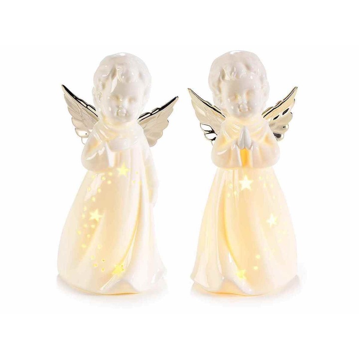 2 db fehér és arany porcelán Angyalfigura készlet leddel 9,5x9x19,5 cm