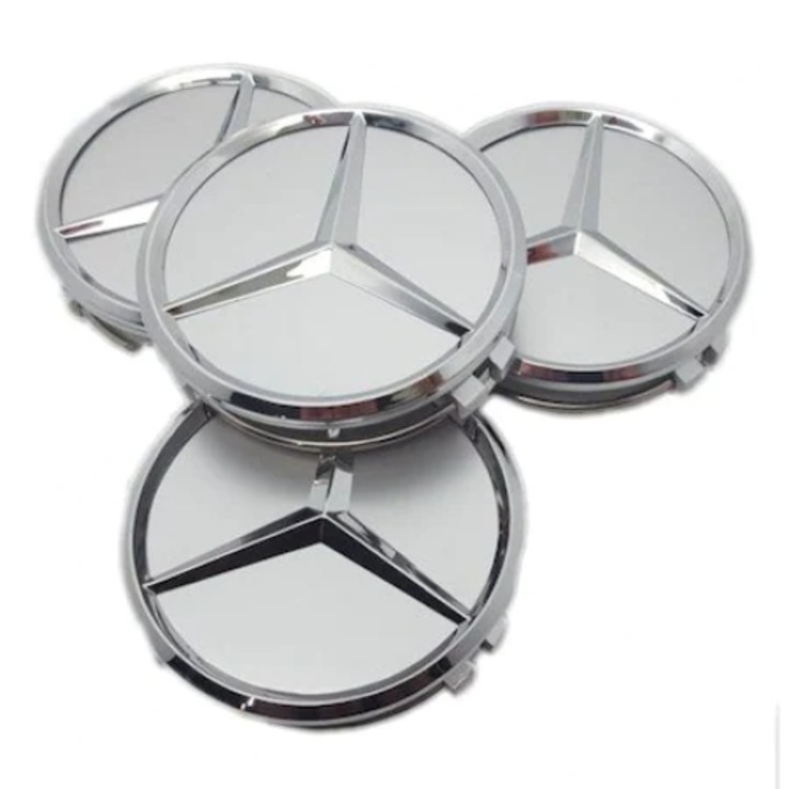 Set 4 Capace Roti 75mm Mercedes-Benz pentru Jante Aliaj, model STAR Silver / Argintiu