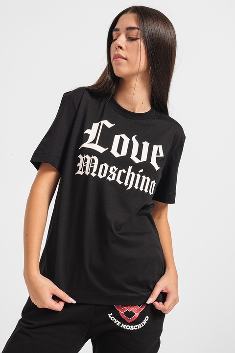 Love Moschino, Tricou de bumbac cu imprimeu logo, Alb/Negru