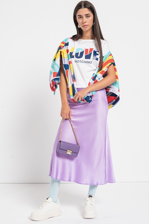 Love Moschino, Tricou lejer cu imprimeu logo, Rosu/Alb/Albastru ultramarin, XS