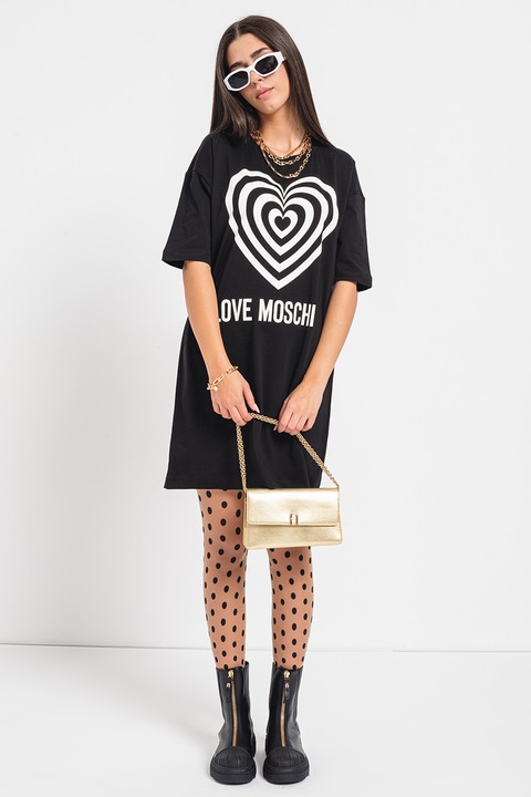 Love Moschino, Рокля тип тениска с лого, Бял/Черен