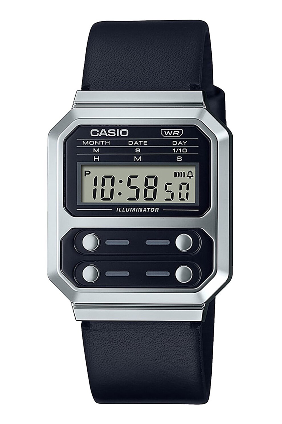 Casio, Ceas digital unisex cu o curea de piele, Argintiu, Negru