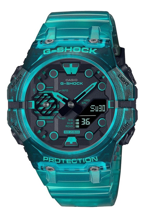 Casio, Часовник G-Shock с пластмасова каишка, Черен, Аквамарин