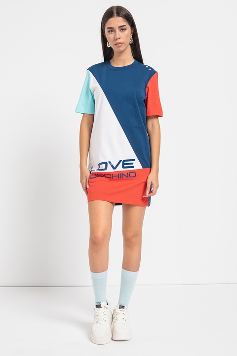 Love Moschino, Rochie-tricou cu imprimeu logo, Rosu/Alb/Bleumarin, S