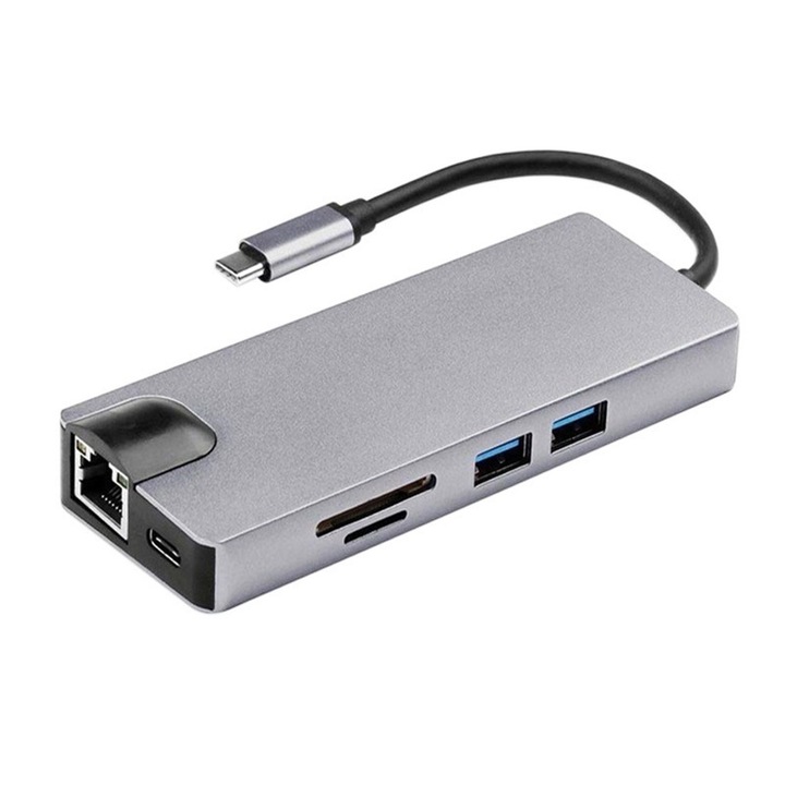 Многофункционален хъб адаптер 8 в 1 Techstar SFQ8IN1, HDMI 4K, VGA 1080P, USB-C, 2 X USB 3.0, LAN RJ45 Ethernet 1000Mbps, SD/TF четец на карти, PD порт, сребрист