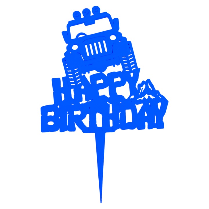 Decoratiune tort, "HAPPY BIRTHDAY" topper off-roading birthday adventure, iubitori de masini 14,7 x 9,5 cm albastru