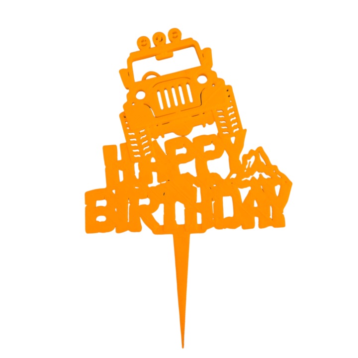 Декорация за торта, топ "HAPPY BIRTHDAY" офроуд приключение за рожден ден, любители на автомобили 14,7 x 9,5 cm оранжево