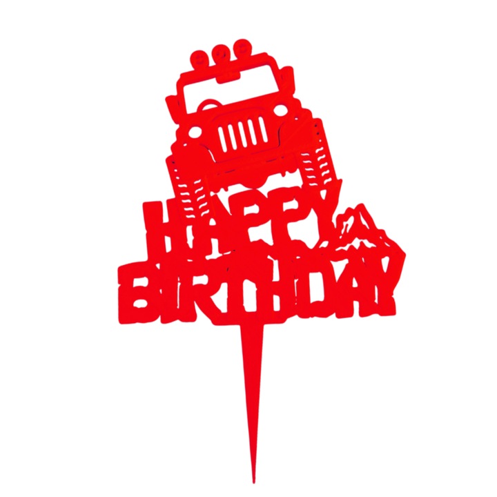 Декорация за торта, топ "HAPPY BIRTHDAY" офроуд приключение за рожден ден, любители на автомобили 14,7 х 9,5 см червено