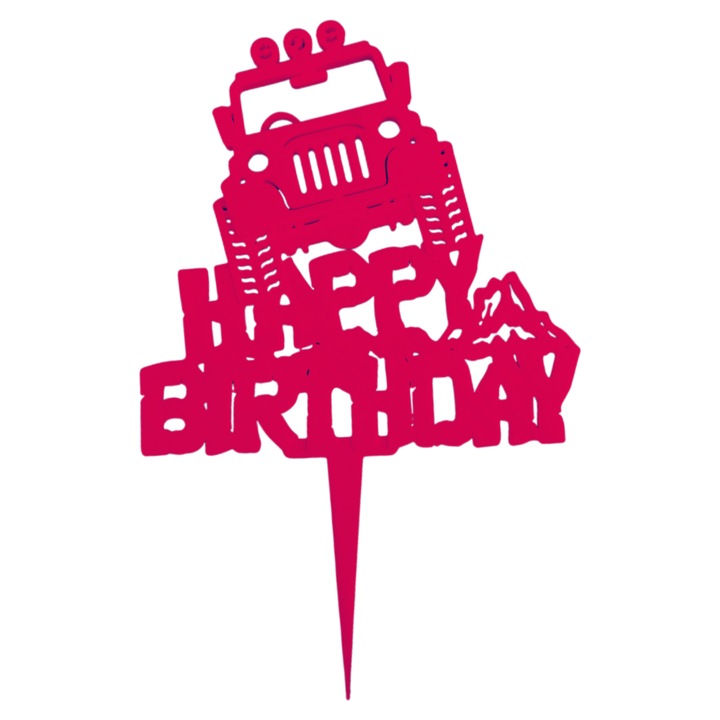 Decoratiune tort, "HAPPY BIRTHDAY" topper off-roading birthday adventure, iubitori de masini 14,7 x 9,5 cm roz zmeuriu