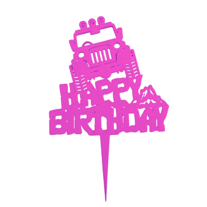 Декорация за торта, топ "HAPPY BIRTHDAY" офроуд приключение за рожден ден, любители на автомобили 14,7 x 9,5 cm светло лилаво