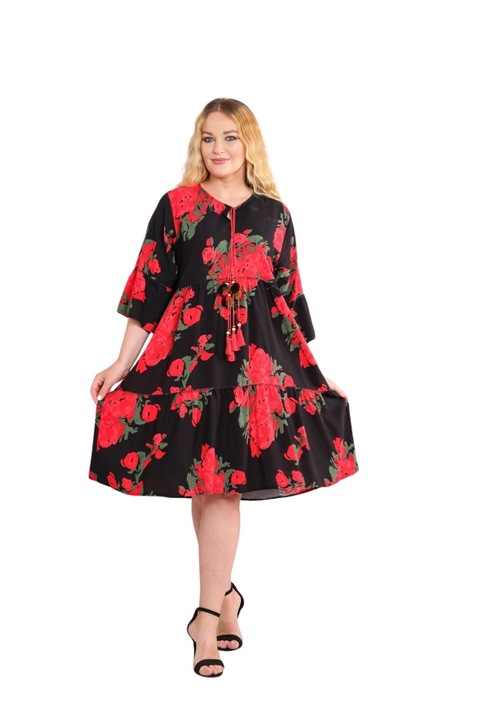 Черна бохо шик миди рокля с червени флорални щампи, Черен, One Size