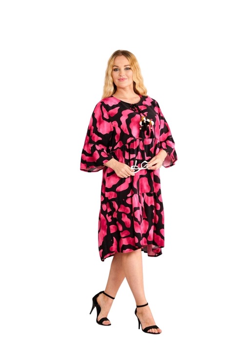 Rochie ciclam midi boho chic cu imprimeuri in degrade, Ciclam, One Size