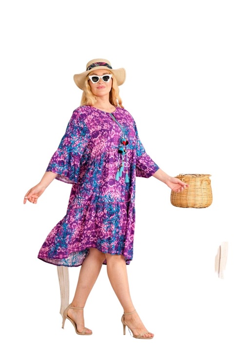 Лилава бохо шик миди рокля със сини флорални щампи, Лилав, One Size