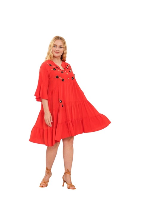 Rochie rosie boho chic cu aplicatie florala cusuta, Rosu