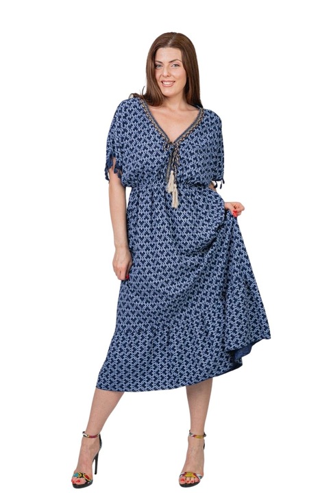 Rochie bleumarin cu ciucuri si model mandala, Bleumarin, One Size