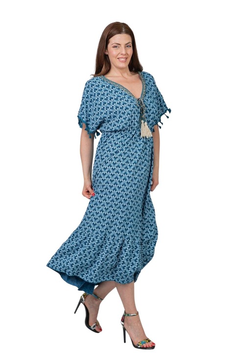 Rochie turcoaz cu ciucuri si model mandala, Turcoaz, One Size