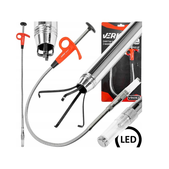 Recuperator suruburi, gripper flexibil, 3 in 1, prindere magnetica, cu gheare si lumina led, 580mm, Verke