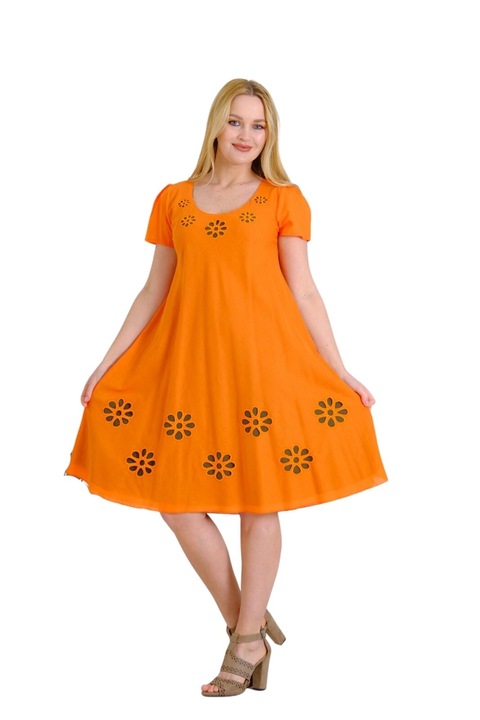 Рокля с перфориран флорален детайл, Оранжева, Оранжев