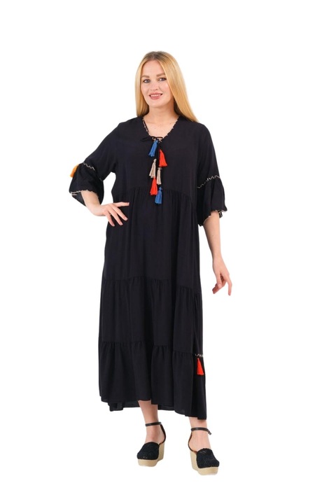 Бохо шик черна рокля с цветни пискюли, Черен, One Size