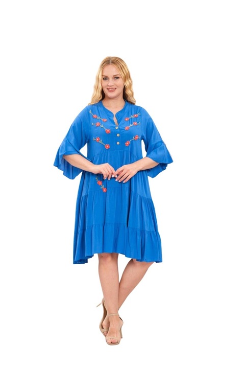 Rochie albastra boho chic cu aplicatie florala cusuta, Albastru