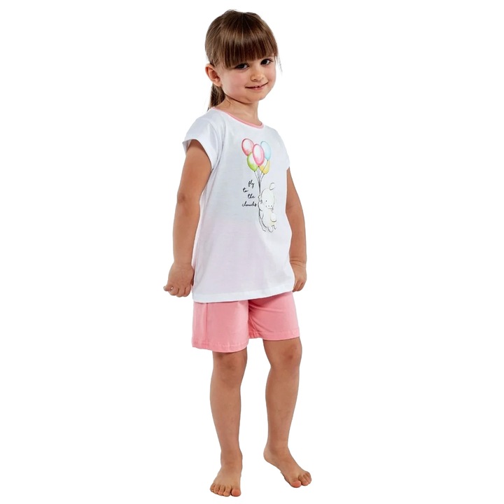 Pijama pentru fete, CORNETTE, Maneca scurta, Model iepuras, Bumbac, Alb, Roz, 110-116 cm